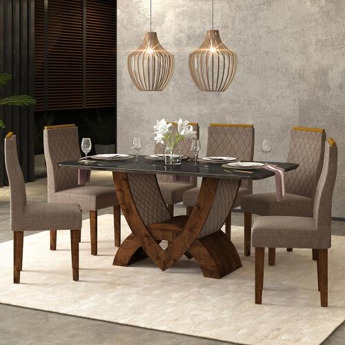 Conjunto de Mesa 6 Cadeiras Tampo MDF e Vidro Nell Móveis