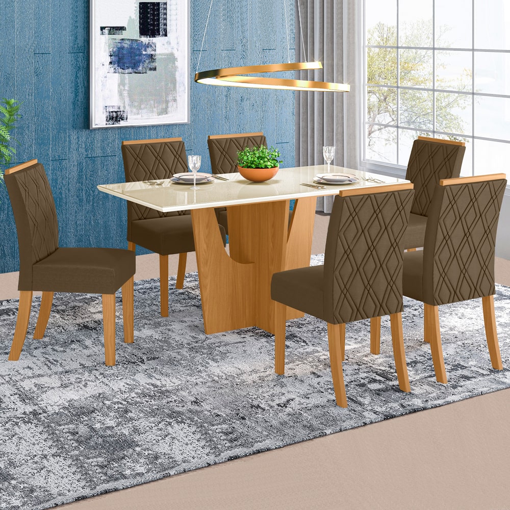 Conjunto de Mesa 6 Cadeiras Tampo MDF e Vidro Nell Móveis