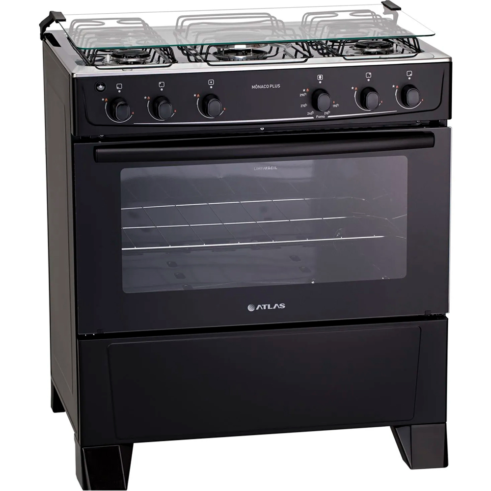 Fogão Atlas 5 Bocas Mônaco Plus Automático Mesa Inox Forno 86,5L - Preto - Bivolt