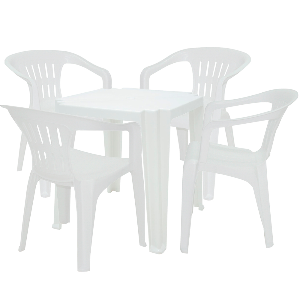 Conjunto De Mesa + 4 Cadeiras Plástico Tramontina - Branco