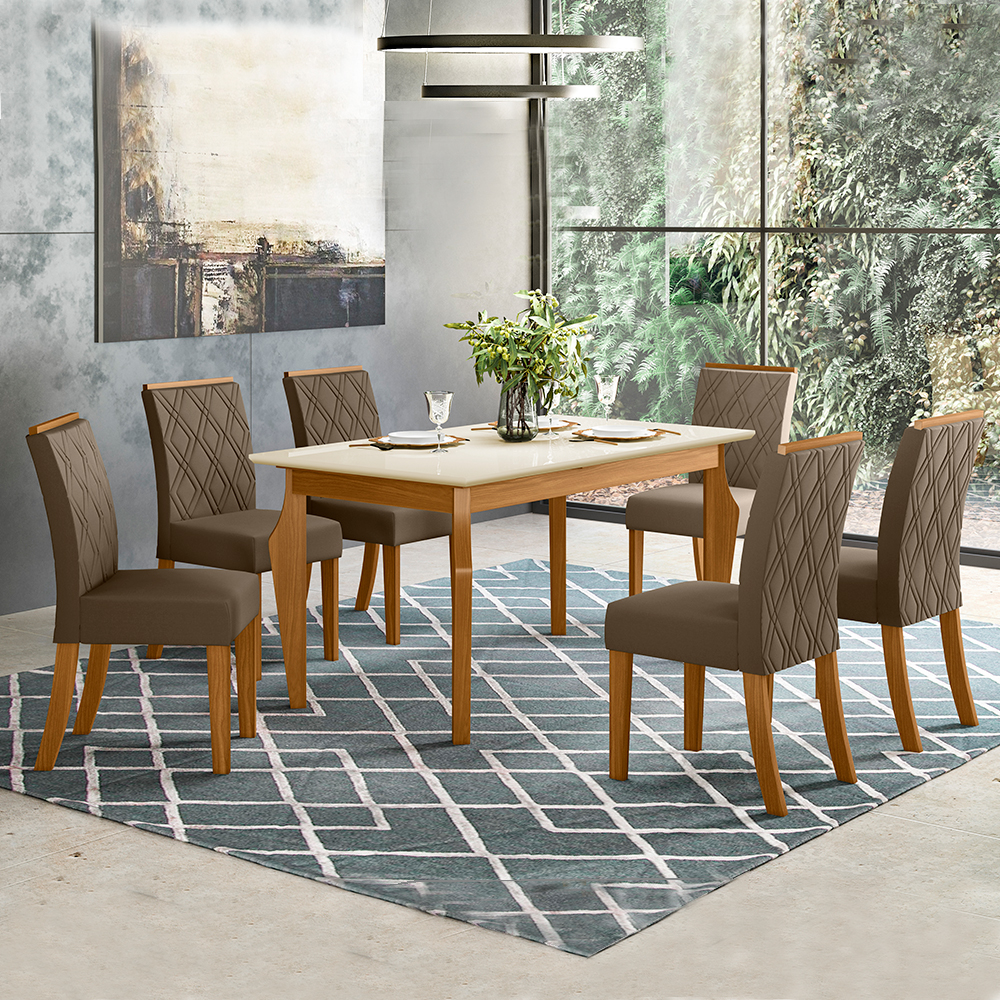 Conjunto de Mesa 10 Cadeiras Tampo MDF e Vidro Assento Estofado