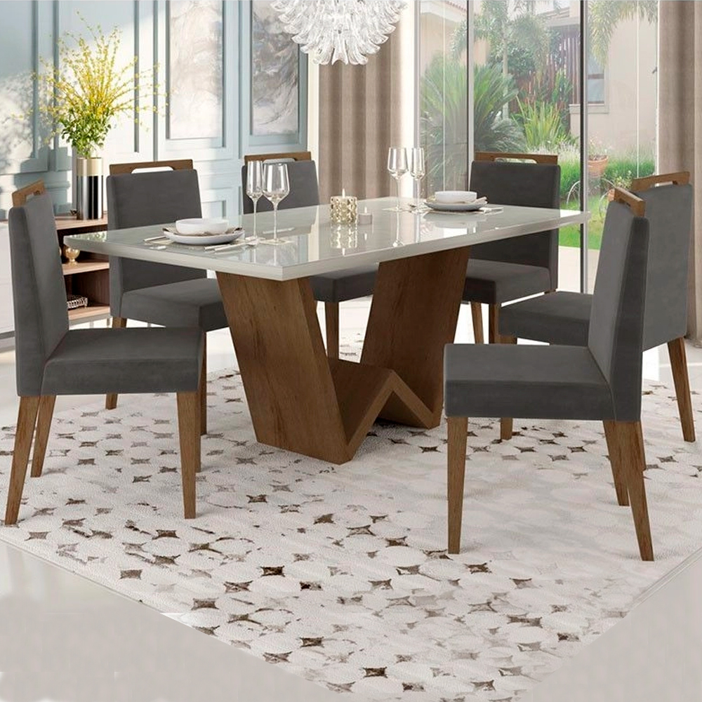 Conjunto de Mesa 6 Cadeiras Tampo MDF e Vidro Nell Móveis