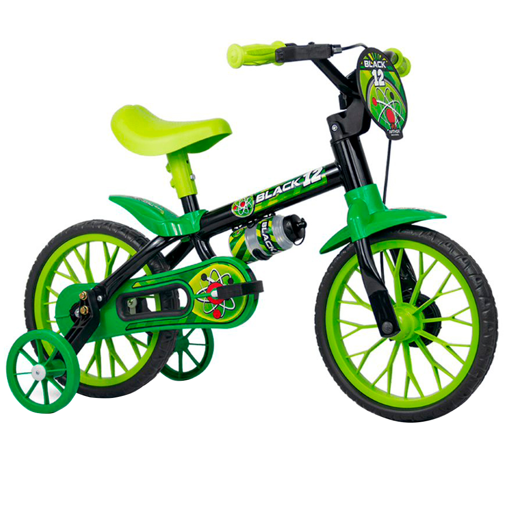 Bicicleta Infantil Aro 12 Nathor Cairu Black 12 Com Rodinhas Laterais - Preto/Verde