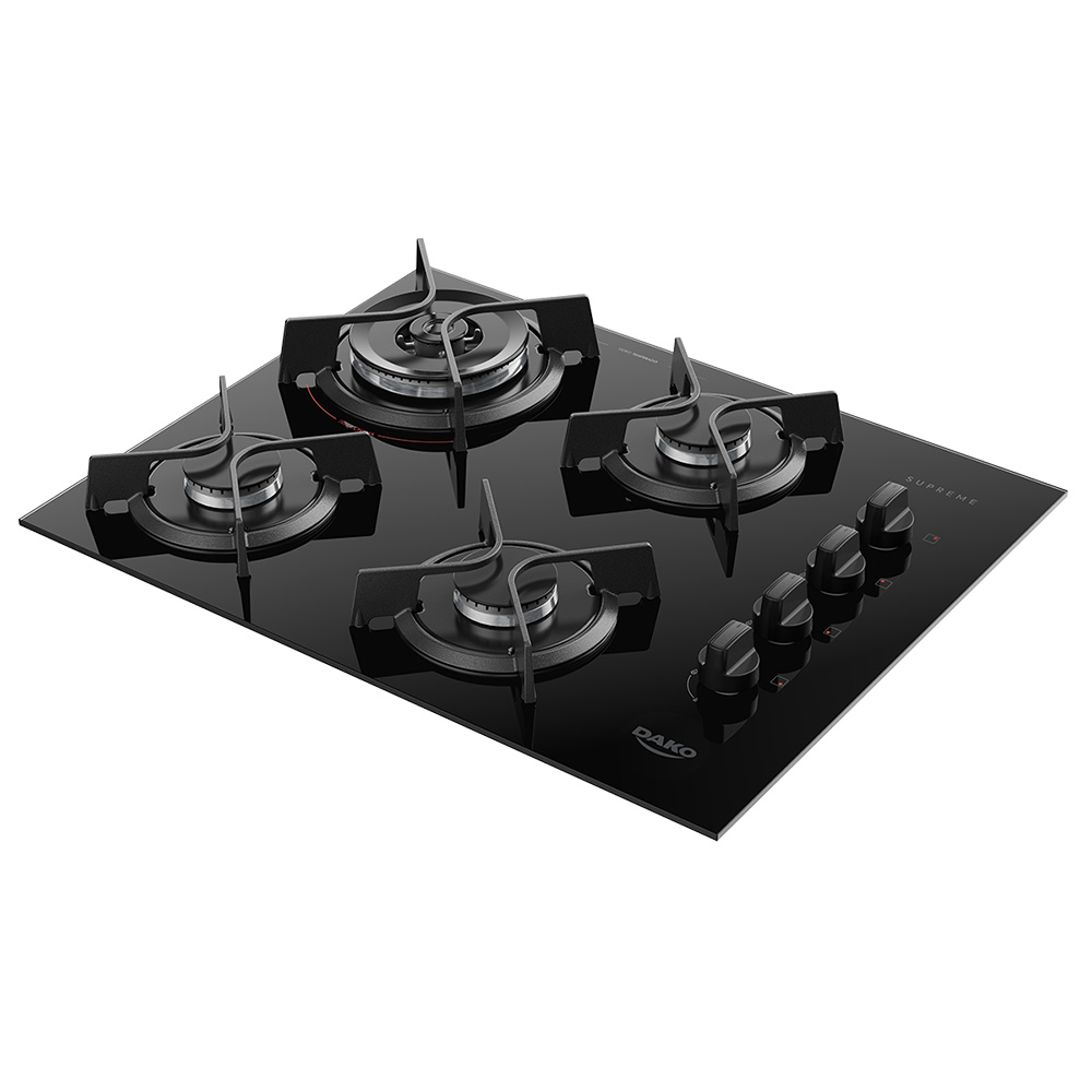 Cooktop A Gás Dako Supreme 4 Bocas Mesa Em Vidro Trempes Em Ferro Fundido - Preto - Bivolt