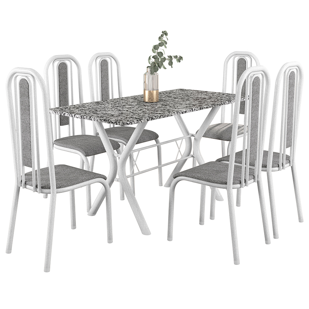 Conjunto De Mesa 6 Cadeiras Tampo Granito Athenas Fabone - Branco Prata/ Vegetale