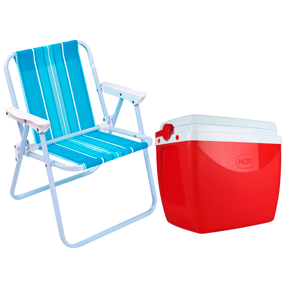 Kit Caixa Térmica 18 Litros Com Alça E Cadeira De Praia Infantil Mor - Vermelho