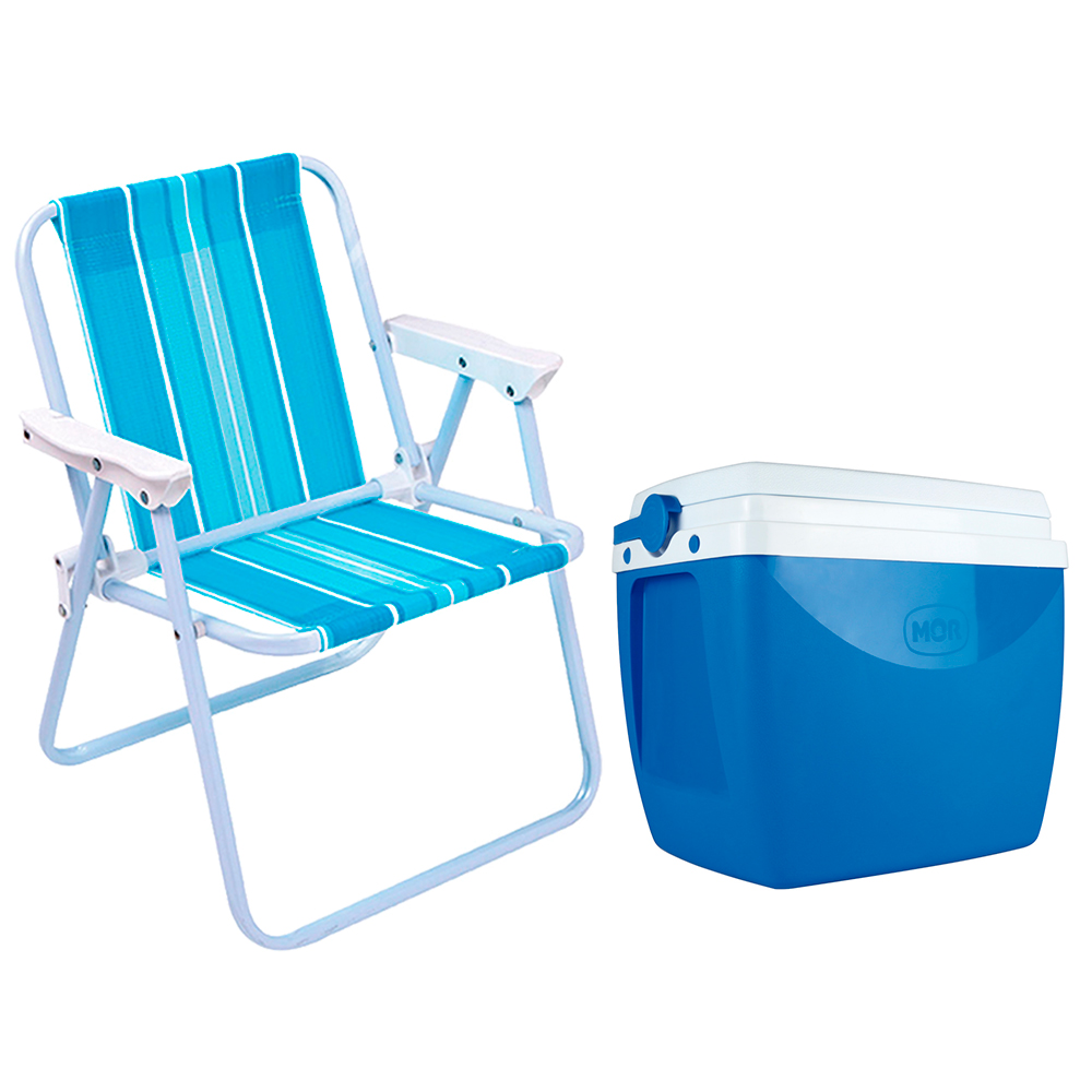 Kit Caixa Térmica 18 Litros Com Alça E Cadeira De Praia Infantil Mor - Azul