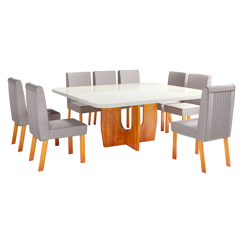 Conjunto De Mesa 8 Cadeiras Tampo Mdf Vidro Luxury Bom Pastor - Naturale Off/Cinza