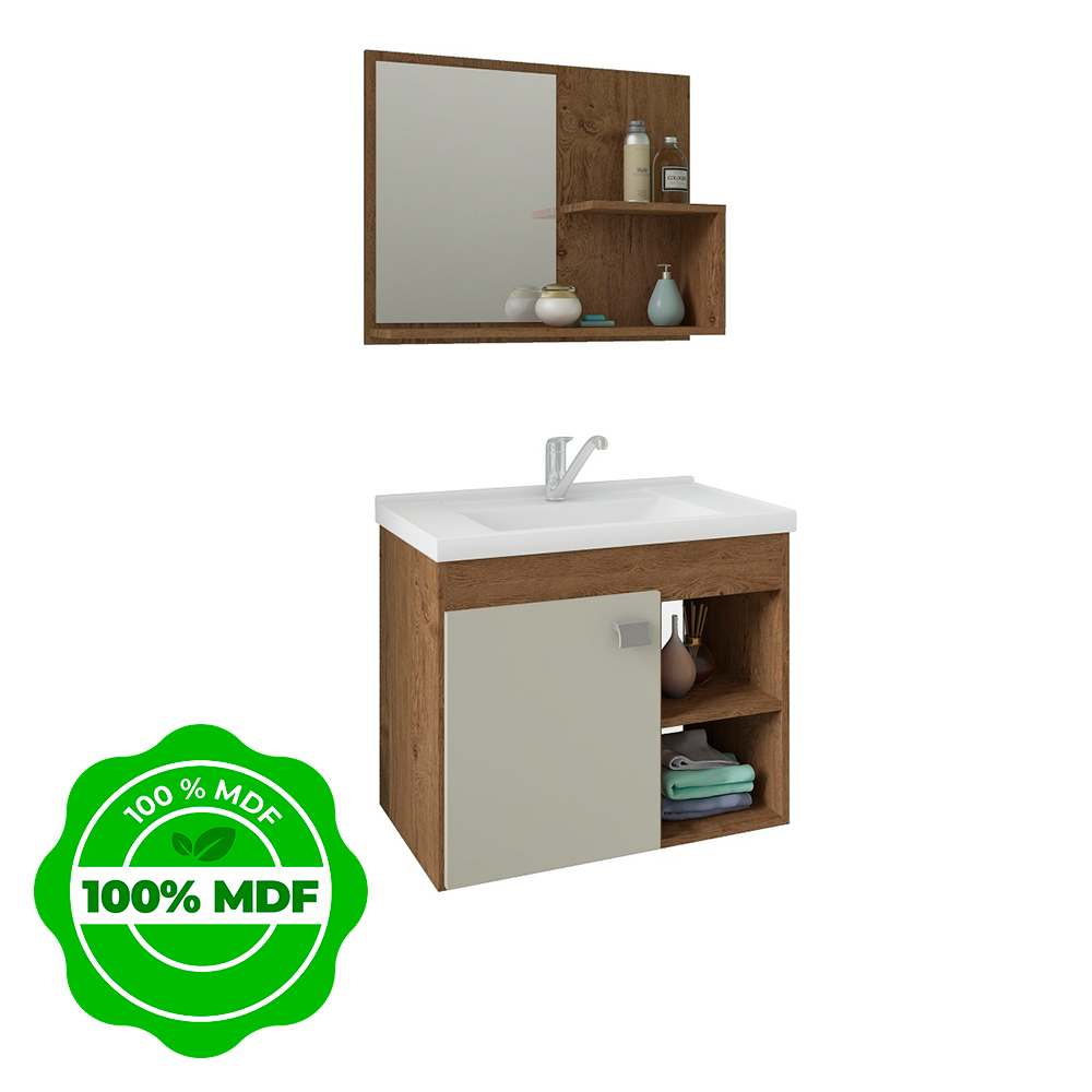 Gabinete Para Banheiro 1 Porta Com Espelheira Mdf Bia Mgm - Off White/Amendoa