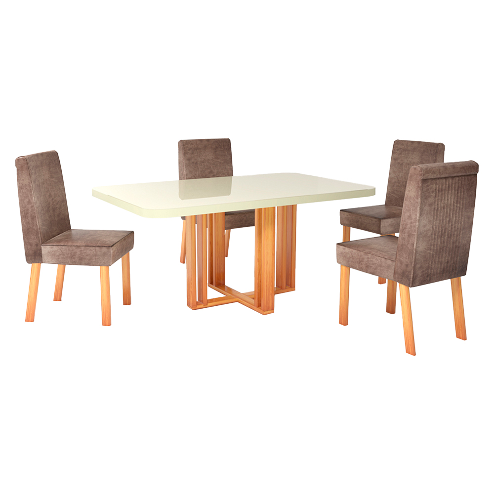 Conjunto De Mesa 4 Cadeiras Tampo Mdf E Vidro Ghaia Bom Pastor - Naturale Off