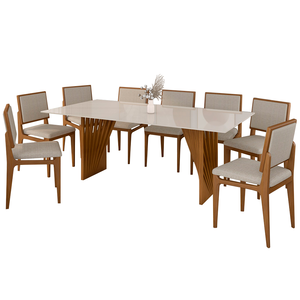 Conjunto De Mesa 8 Cadeiras Tampo Mdf Com Vidro Vitória Nell Móveis - Mel