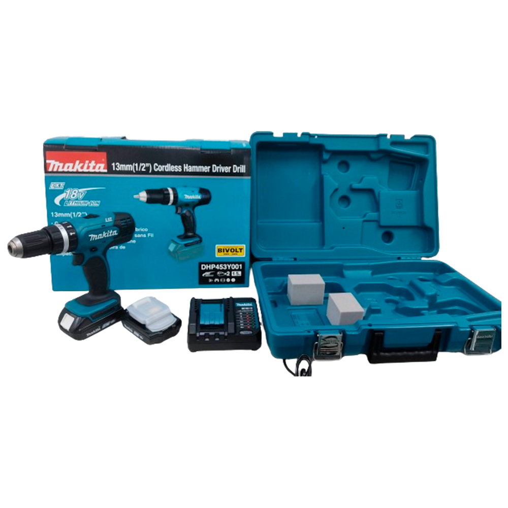 Furadeira E Parafusadeira Impacto Makita 2 Baterias 18V Maleta Dhp453y001 - Azul - Bivolt