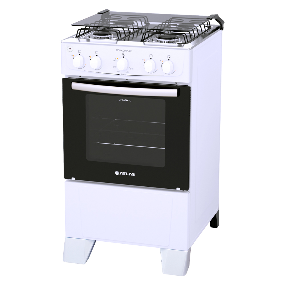 Fogão Atlas 4 Bocas Mônaco Plus Automático Mesa De Inox Forno 50L - Branco