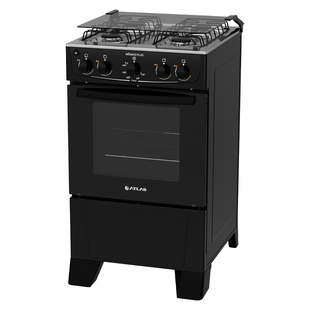 Fogão Atlas 4 Bocas Mônaco Plus Automático Mesa De Inox Forno 50L - Preto