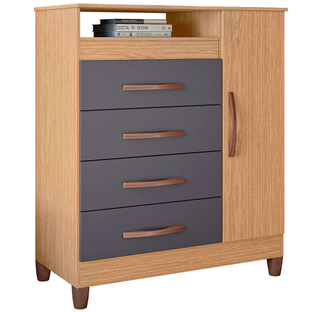 Cômoda 1 Porta Bater 4 Gavetas Turquesa Albatroz - Freijo/Titanium