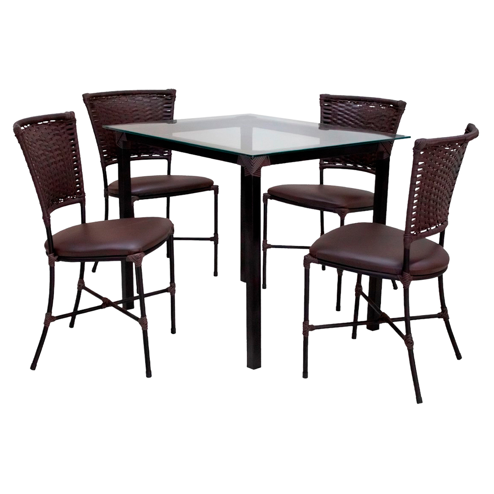 Conjunto De Mesa 4 Cadeiras Tampo De Vidro Gramado Fama - Marrom