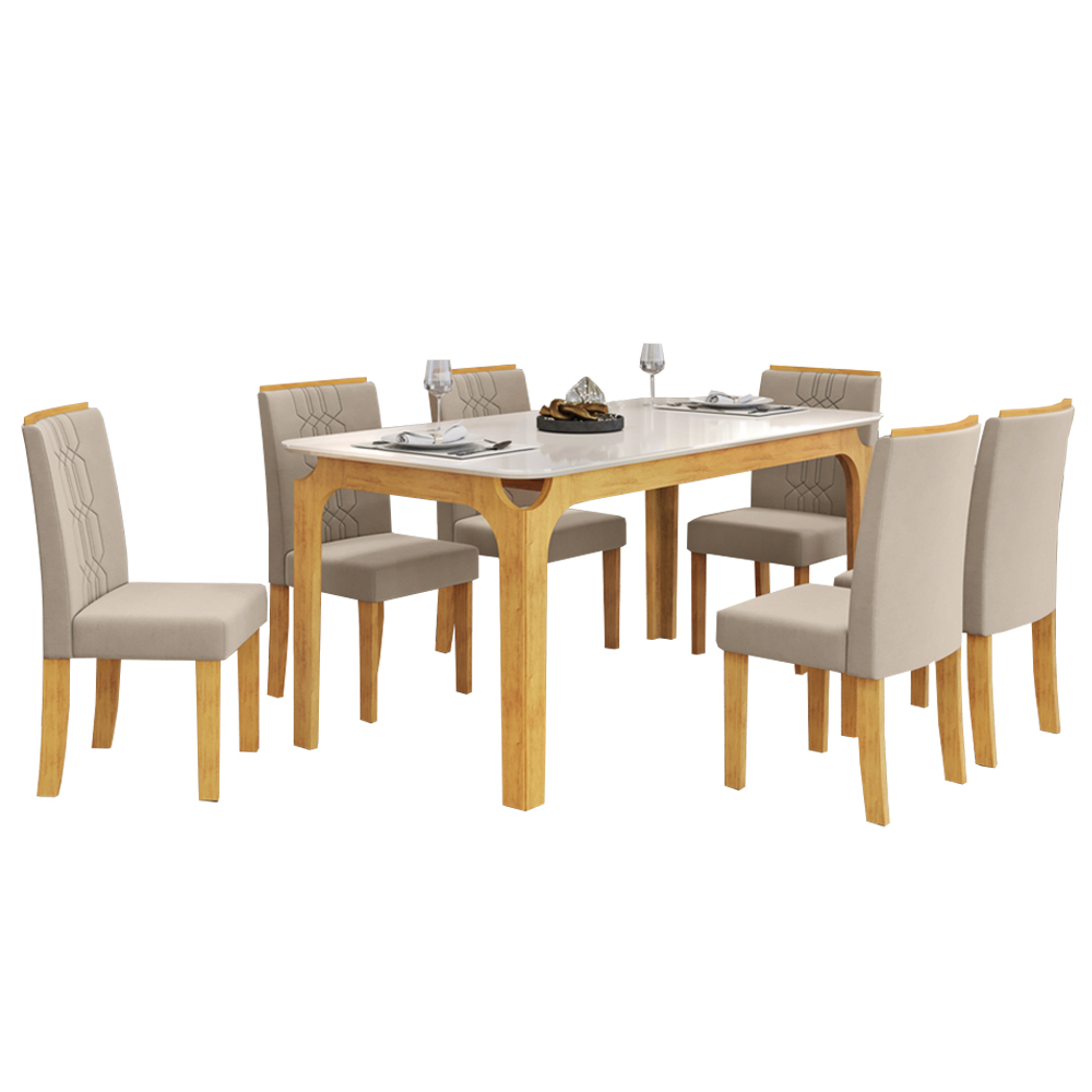 Conjunto De Mesa 6 Cadeira Com Assento Estofado Marina Dj - Cedro/Off-Cedro/Veludo Creme