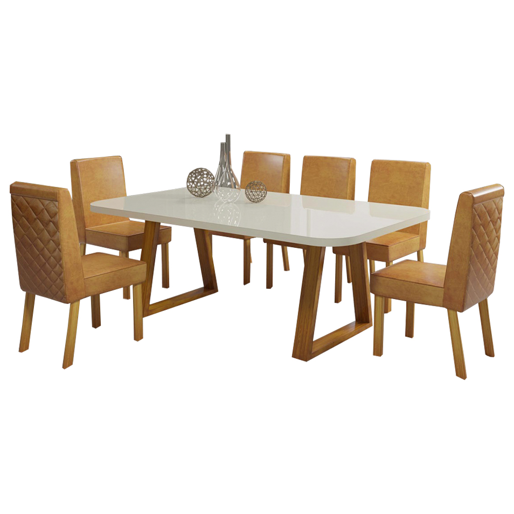 Conjunto De Mesa 6 Cadeira Tampo Com Vidro Sofistic Bom Pastor - Naturale Off