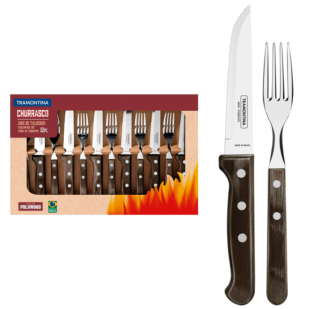 Faqueiro Para Churrasco 12 Peças Inox Cabo Castanho Polywood Tramontina Jumbo - Castanho