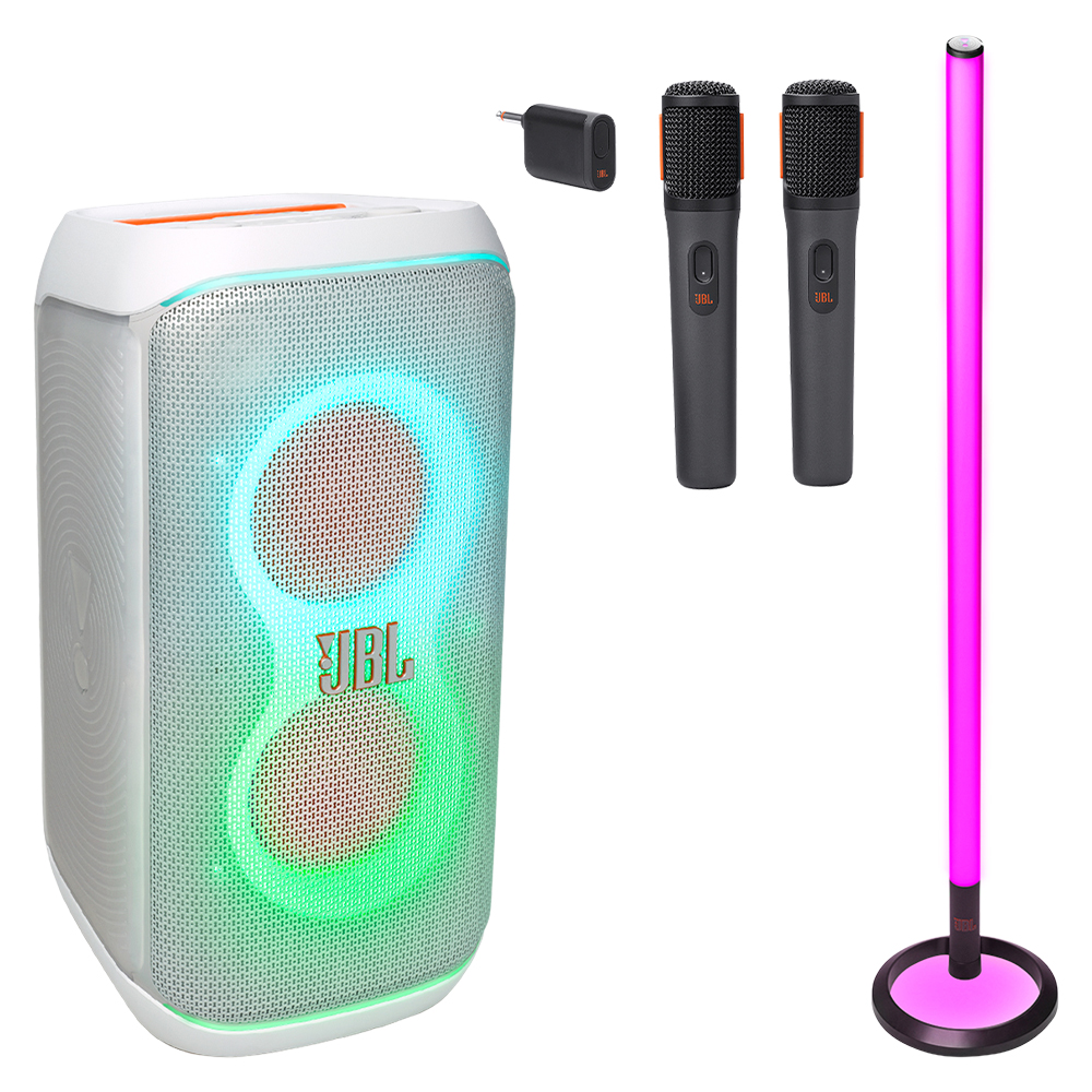 Kit Caixa De Som Partybox Club120 2 Microfones Partybox Party Stick Led Jbl - Branco
