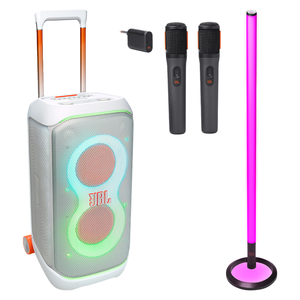 Kit Caixa De Som Partybox Stage 320 + 2 Microfones + Party Light Jbl - Branco